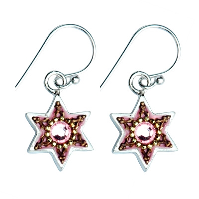 Enamel Pink Star of David Earrings with Swarovsky Crystals